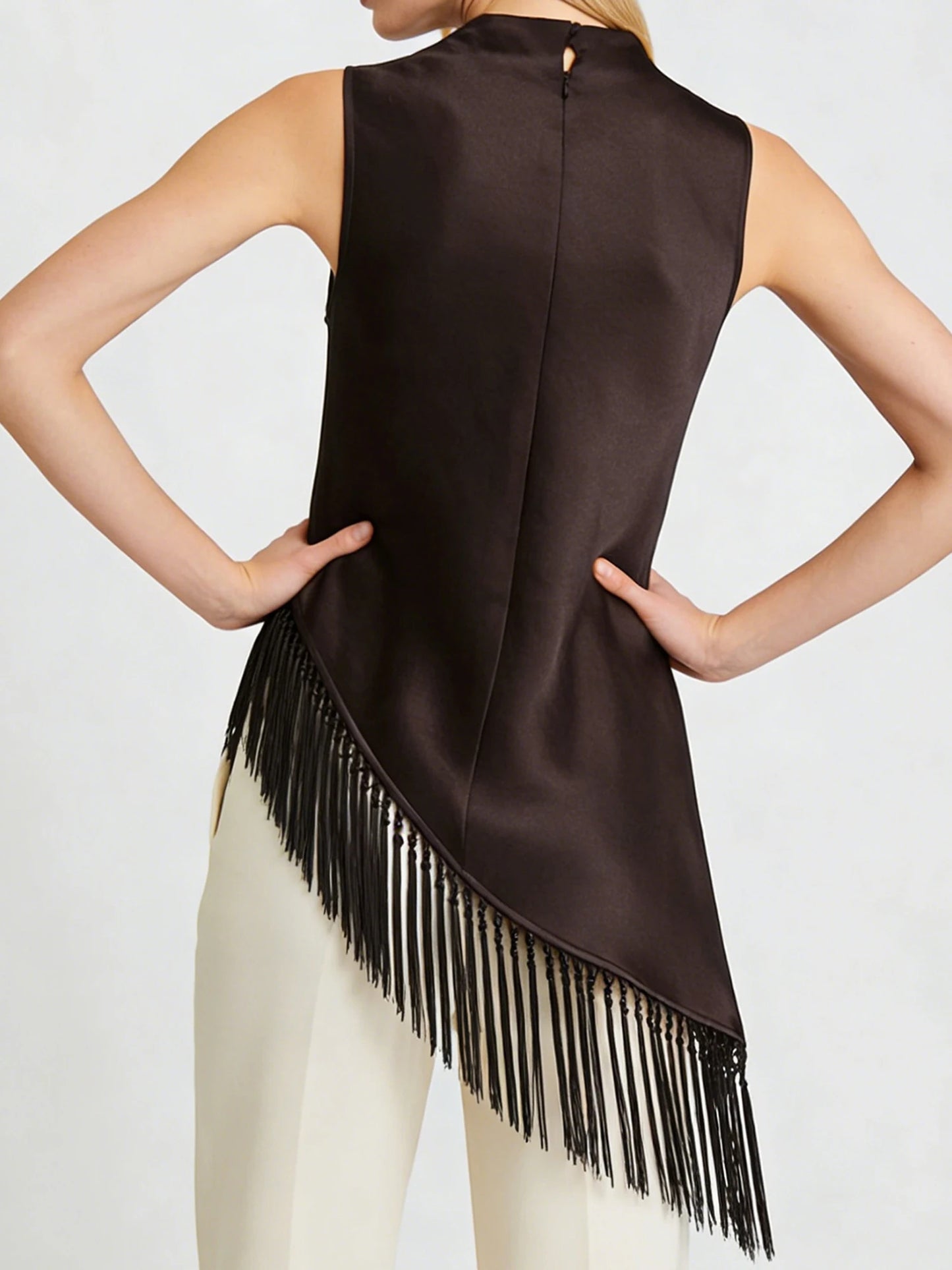 Women's Summer Tassel Hem Vest Brown Sleeveless Solid Color High Neck Long Tank Tops