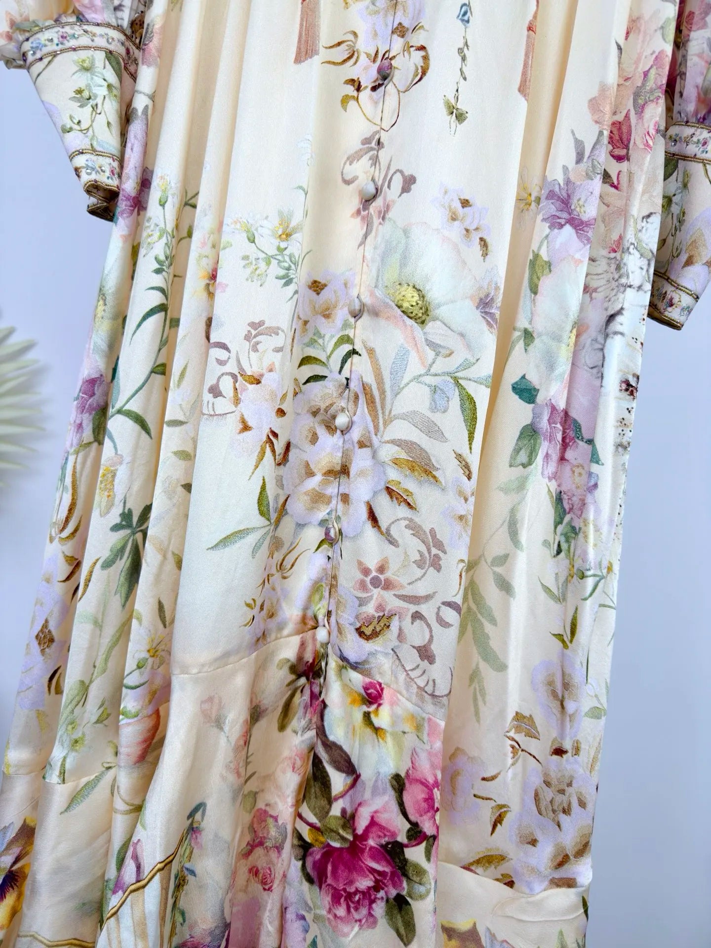 Women Silk Flower Printed Long Dress Heavy Beaded V-Neck Lantern Sleeve Loose Female dress