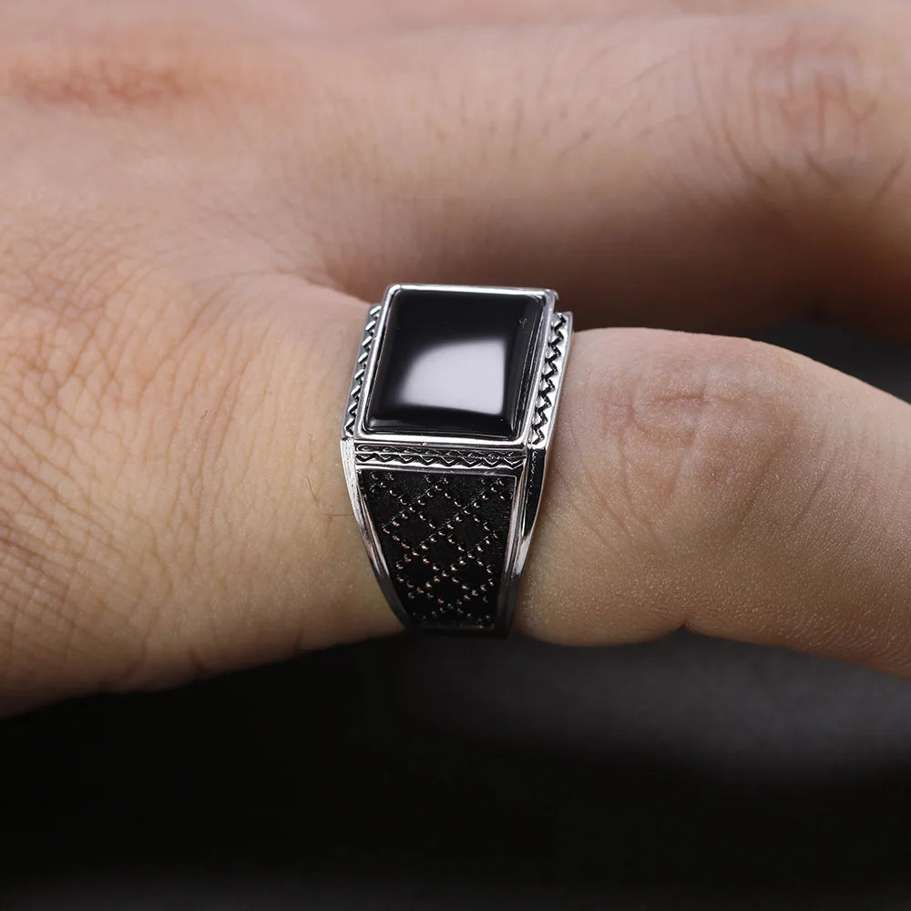 Genuine Solid Silver 925 Rings Man With Black Onyx Natural Stone Vintage Turkish Men's Rings Turkey Jewellery Anillos Hombre