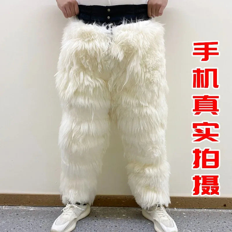 Men Women Pure Sheepskin Fur Leather Pants Middle Aged Warm Thickened Padded Wool Cotton Pants Outdoor Wear-resistant Pants