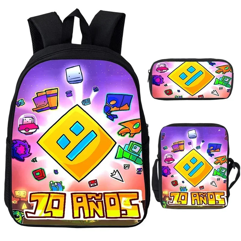 Large Capacity Bookbag 3pcs Set Boys Girls School Bags Angry Geometry Dash Cartoon Print Children Backpack Back To School Gifts