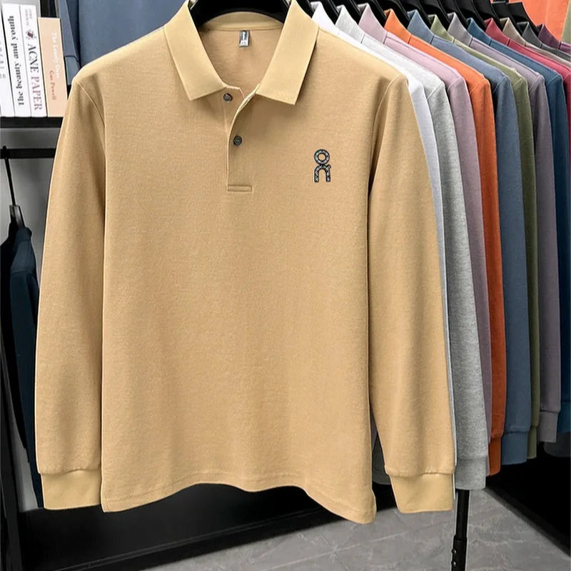 100% pure cotton polo shirt long sleeved men's brand fashionable embossed T-shirt sports breathable spring autumn casual new top