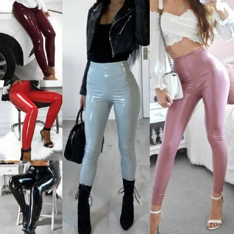 Pants women 2026 casual Spring summer patent leather mid-waist thin tight pink stylish commuting trousers PU leather tight pants