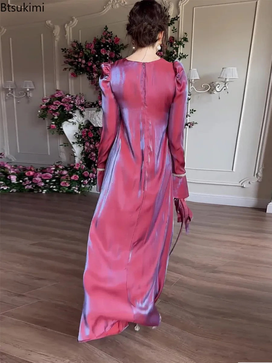 Eid Muslim Silky Satin Dress for Women Abaya Morocco Party Dresses Ramadan Lace-up Kaftan Saudi Islam Elegant Vestidos Long Robe
