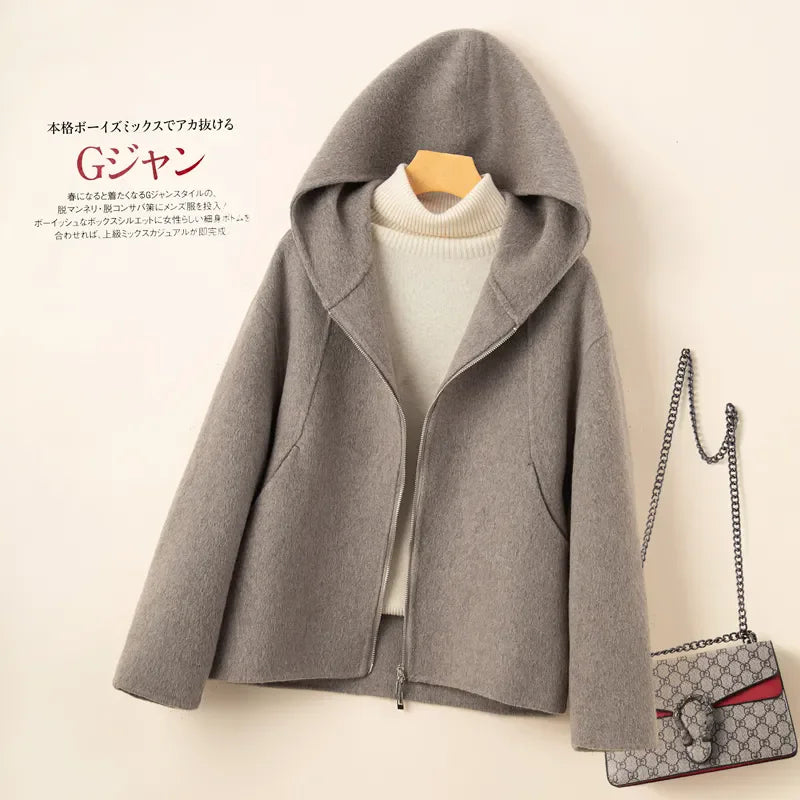 Elegant Woolen Coat Woman 2025 Winter New Fashion Pink Hooded Short Zipper Double-Sided Wool Jacket Ladies Slim Outerwear B810