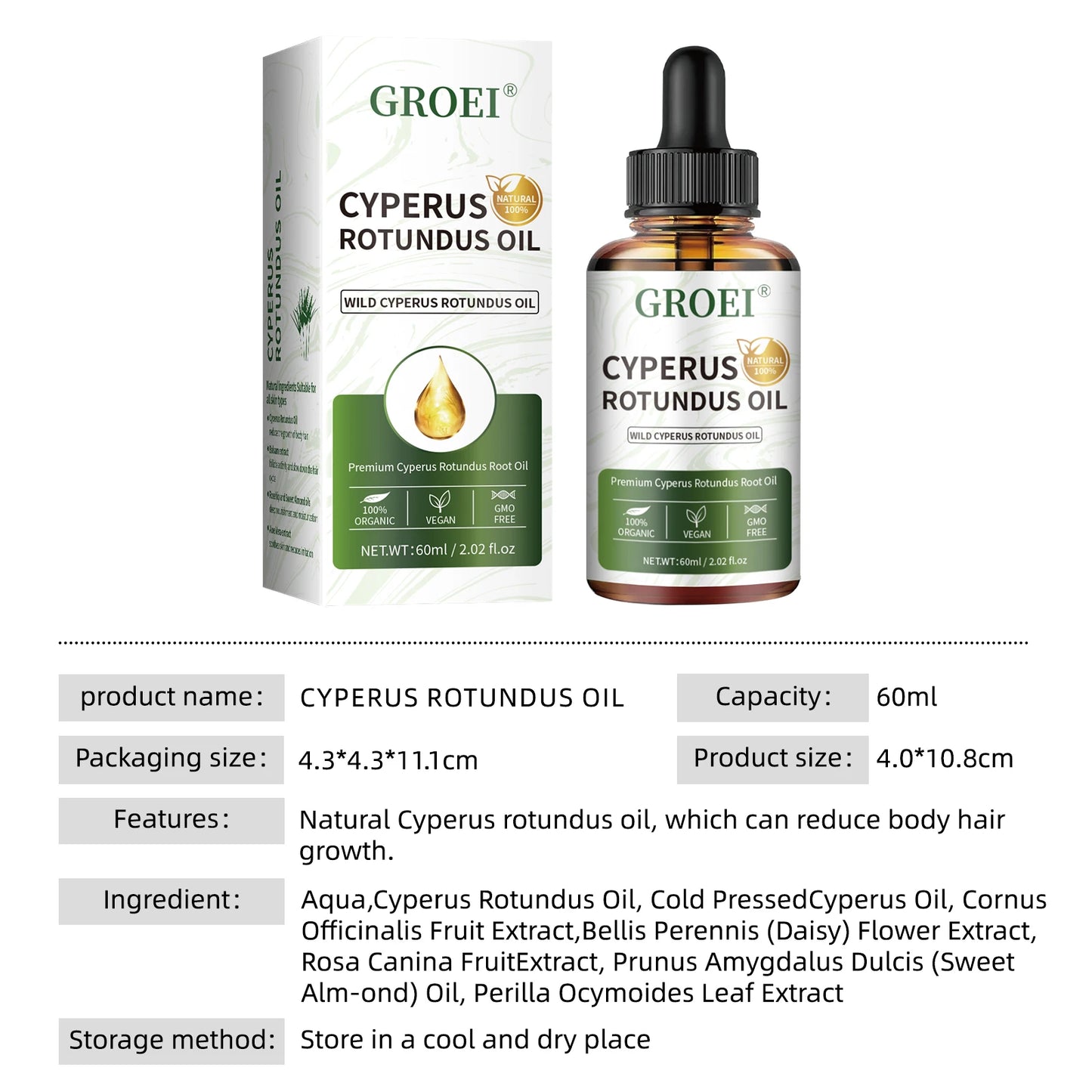 60ml Natural Organic Cyperus Rotundus Oil for Hair Growth Reduction, Post-Shave Care, Vegan & Non-Irritating Skin Moisturizer