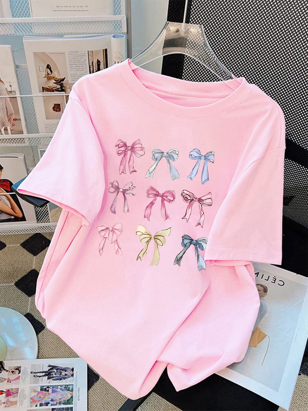 Summer T-Shirts Cotton Womens Colorful Bow Tie Printing Short Sleeve Comfortable Soft O-Neck Tops Holiday Casual Womans Clothes