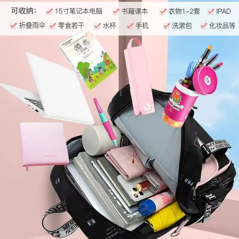 Large School Bags for Teenage Girls Canvas Schoolbag Student Book Bag Fashion Black Pink Teen School Backpack