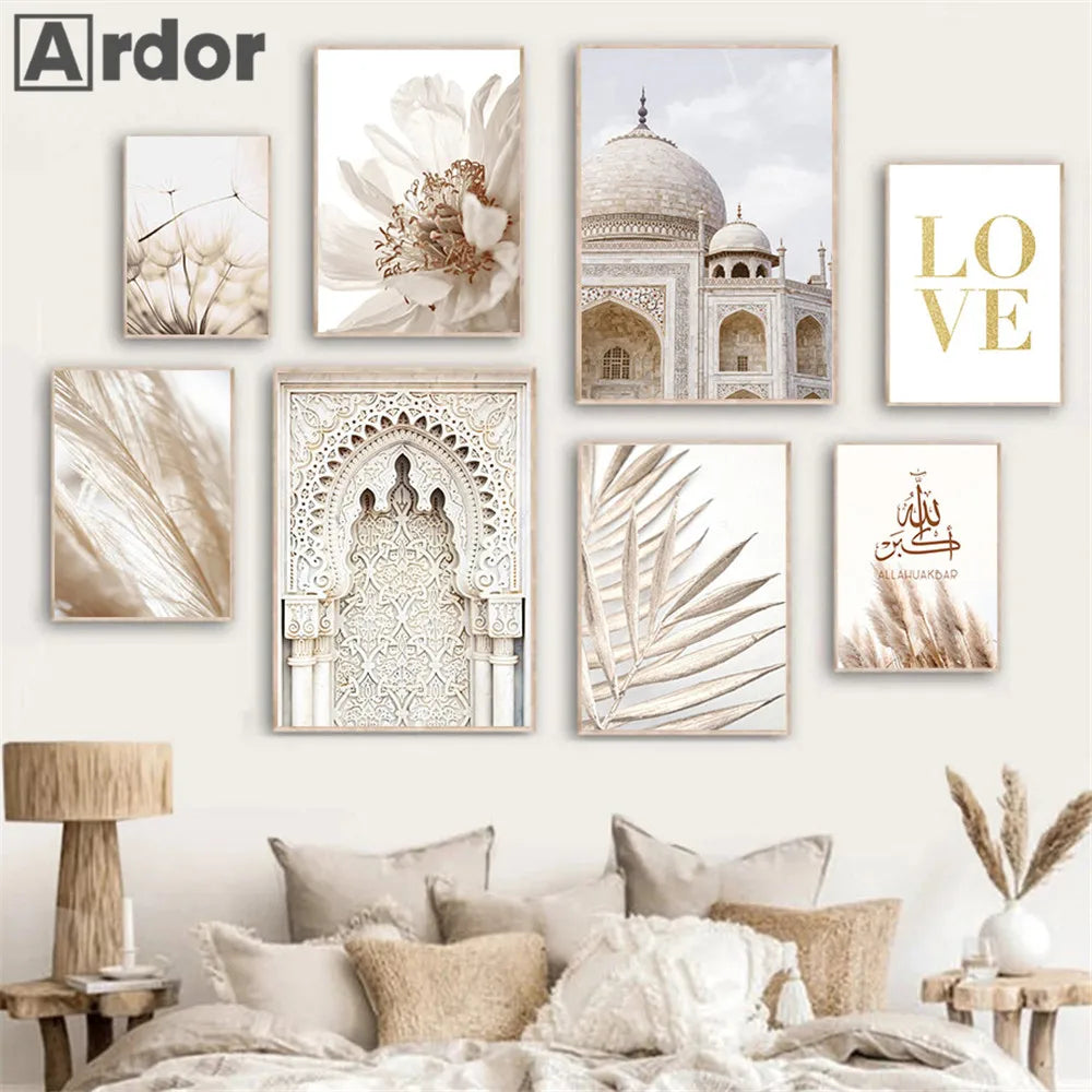 Islamic Wall Art Print Morocco Door Canvas Poster Pampas Grass Beige Flower Art Painting Mosque Posters Wall Pictures Home Decor