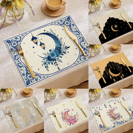 Artistic Ramadan Moon Lantern Floral Pattern Placemats Exquisite Watercolor Geometric Designs Heat Resistant Table Mats
