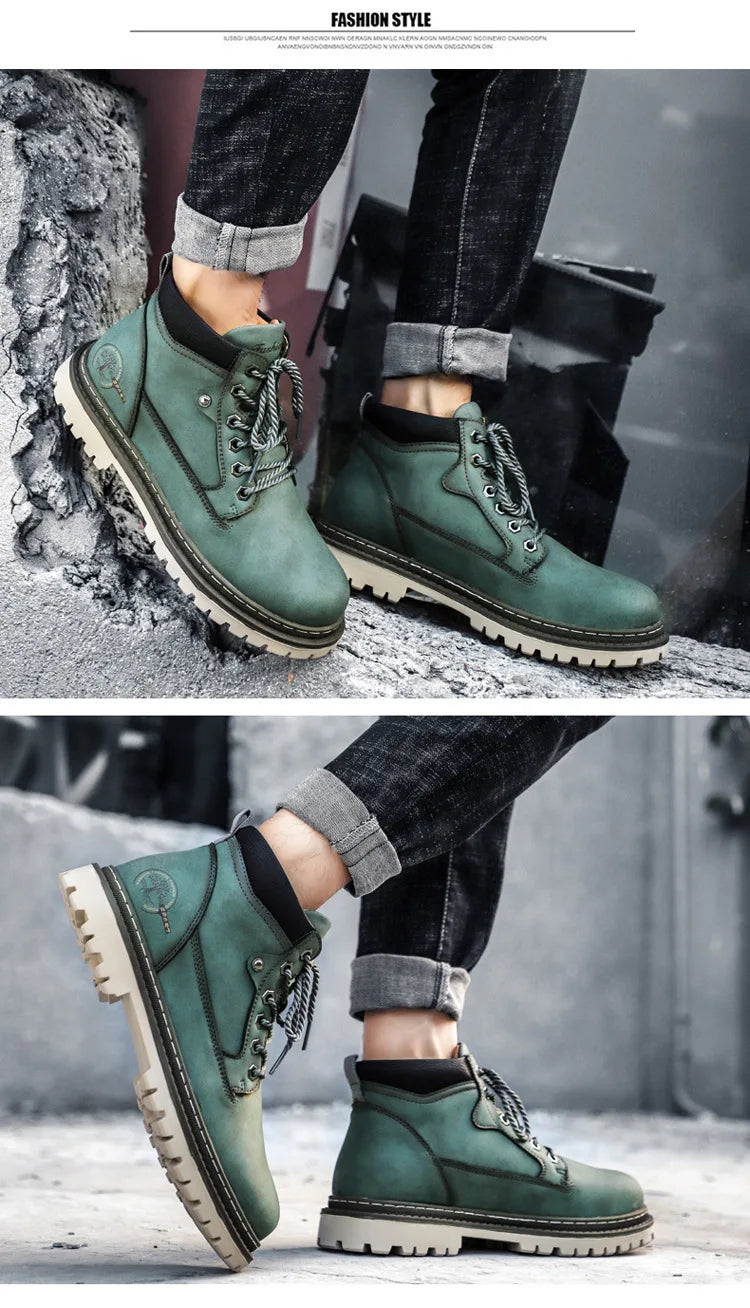Men's High-Top British Style Motorcycle Boots Durable Cowboy Ankle Shoes Rugged Casual Non-Slip Leather Outdoor Work Footwear