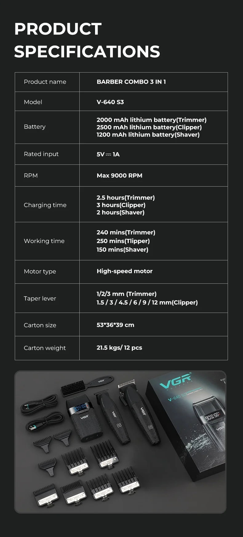 VGR Hair Trimmer Professional Clipper Cordless Barber 9000 RPM Rechargeable Hair Cutting Machine Metal Trimmer for Men V-640