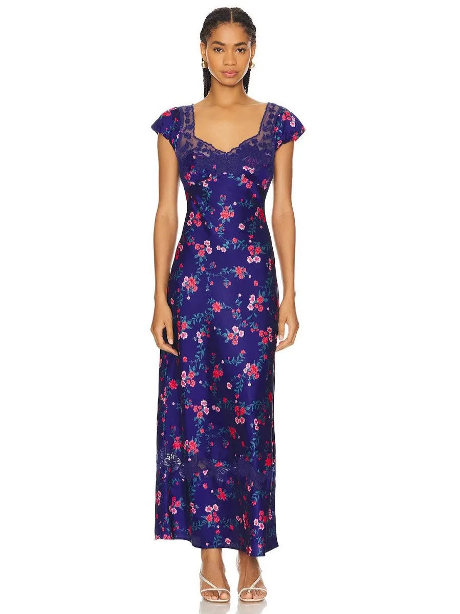 Luxurious Silk Satin Long Dress Elegant Puff Sleeve Polka Dot Floral Gown Sexy Open Back Midi Dresses for Evening Cocktail