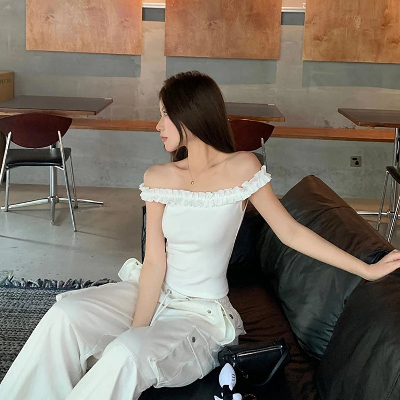 Women's Summer Off-Shoulder Solid Color Tops Sheath Casual Daily Cropped T-shirt