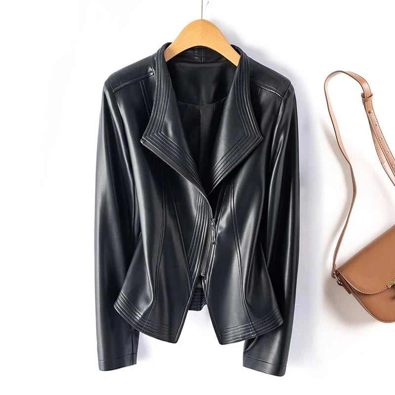 Genuine Leather Women's Short Slim Sheepskin 2026 Spring Autumn Leather Jacket New Long Sleeve Suit Collar Zipper Little Coat