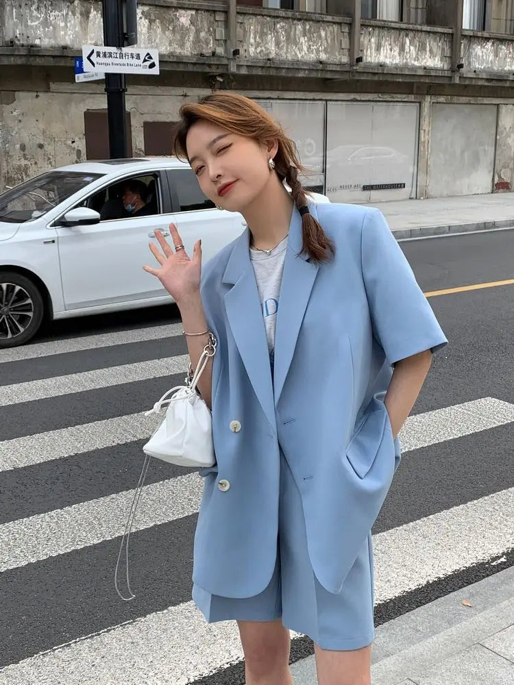 Pant Suits 2025 Spring and Summer Thin Casual Loose Short Sleeved Suit Jacket Women Suit Two-piece Set