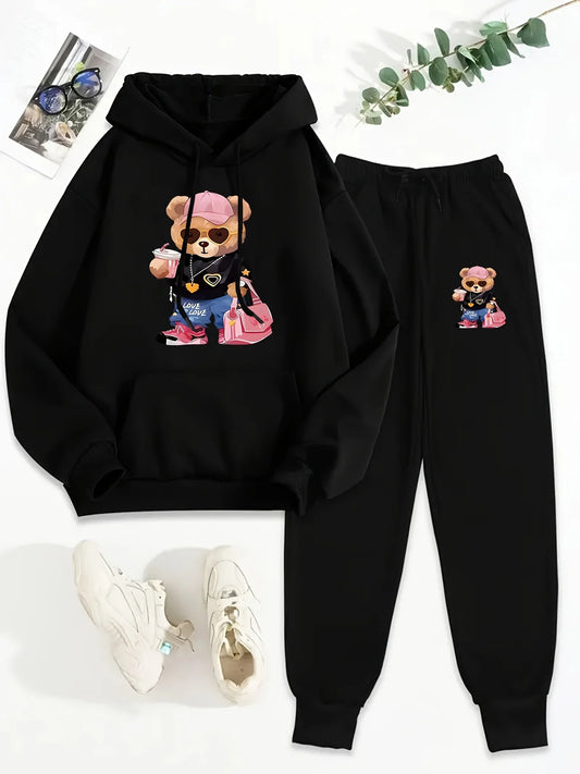 women Hoodies+sweatpant set Hip Hop Street Casual Printed Hoodie Oversize Loose New Sweatshirts Autumn Warm Fleece Clothing