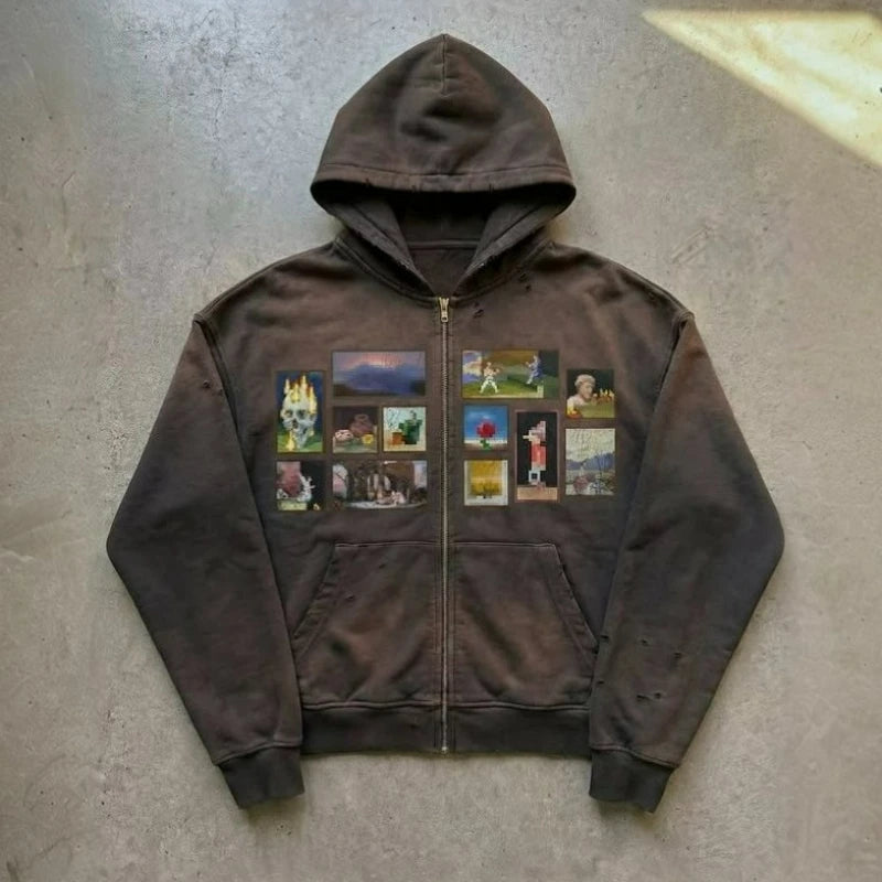 Y2K Retro Classic Hoodie Washed Distressed Hole Art Print Gallery Zipup Hoodies Gothic Trendy Streetwear Unisex Loose Clothing