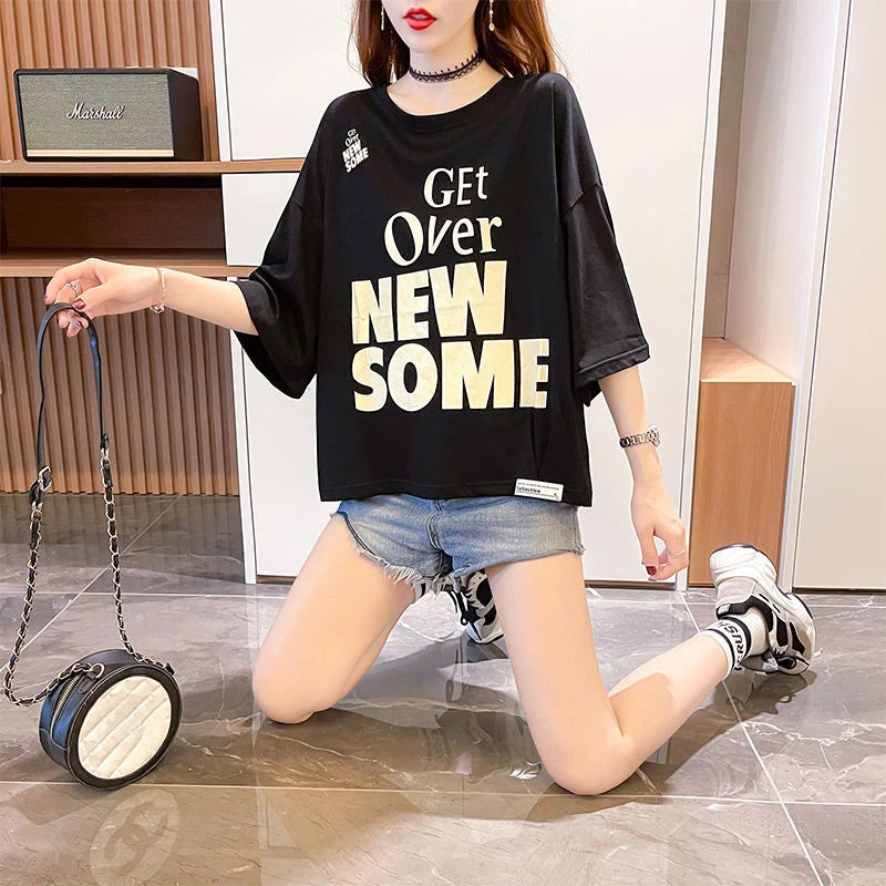 Women's T-shirt Summer Outfit Graphic Short Sleeve Cotton Top Female Baggy Trending Clothing Korean Popular Clothes Cheap Woman