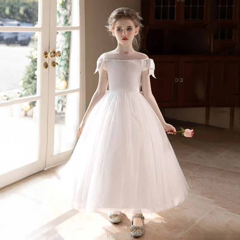 Wed Dress 2025 White Teen Girls Wedding Dress Tulle Ball Gown Big Bow Bridesmaid Dresses Formal Evening Gown Party Wear Costume