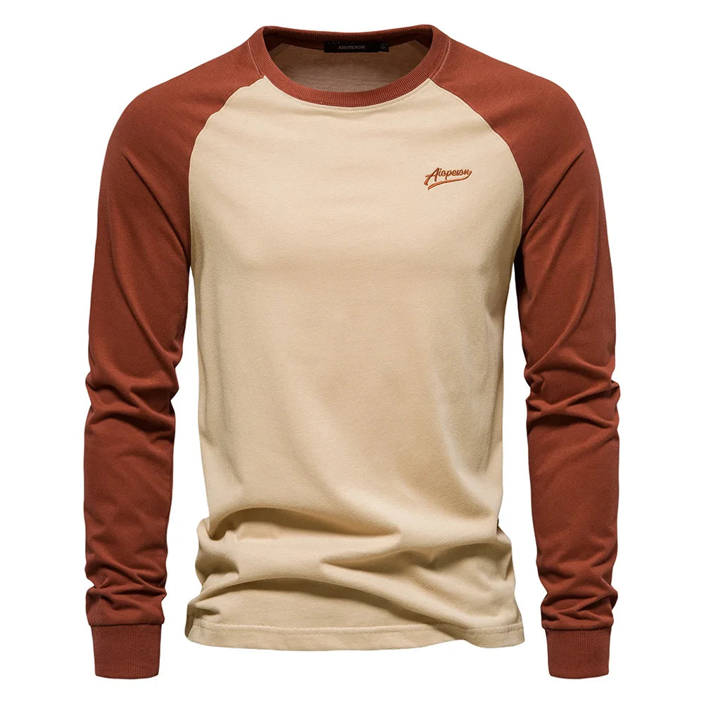 New 100% Cotton Men T-shirts Long Sleeve Splicing Tops Spring Autumn Casual Streetwear O-neck Slim Tees Men's Bottom T-shirt