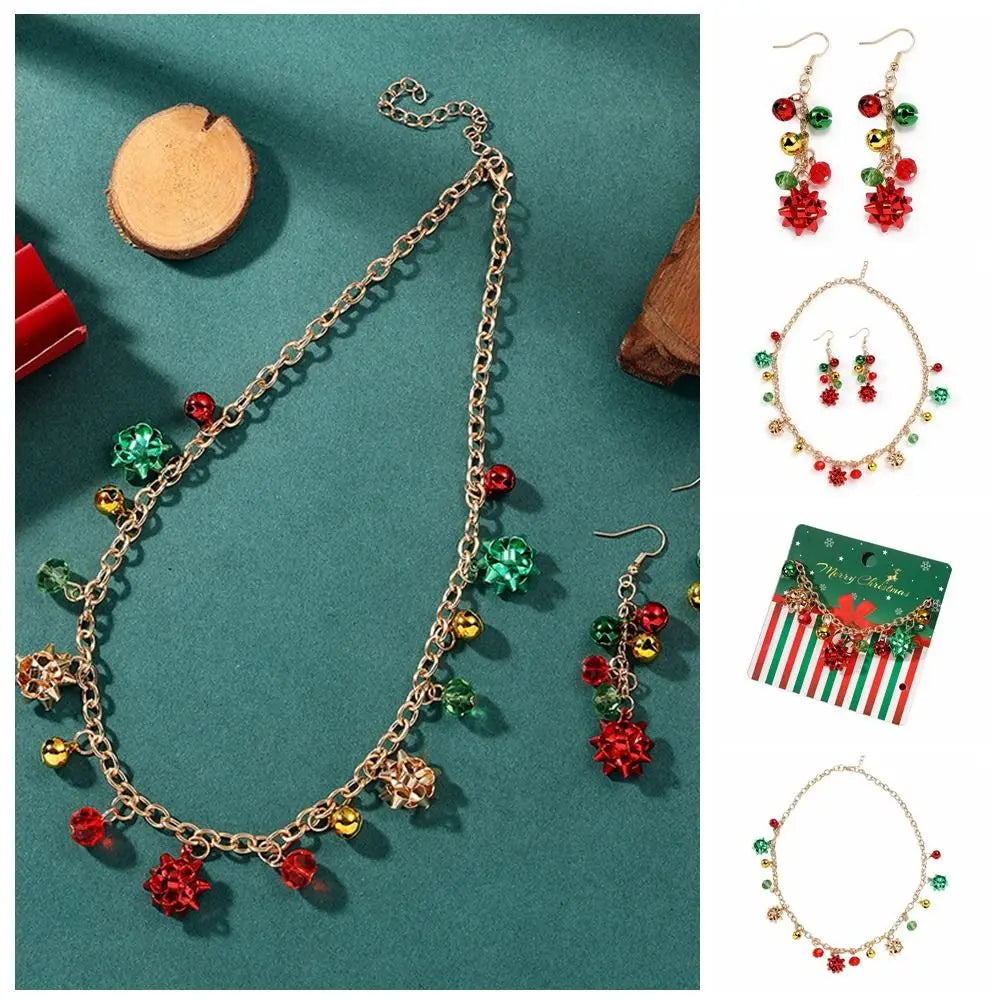 Sweet Necklace Christmas Bell Jewelry Set Bracelet Colorful Bell Xmas Clavicle Chain Earrings Jewelry Accessories Women