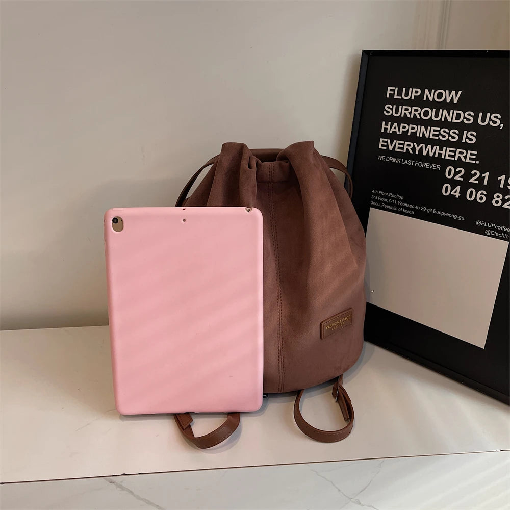 2024 Latest Women Fashion Backpacks Drawstring Bucket Shoulder Bags Soft Suede Large Capacity Rucksack For Travelling Shopping