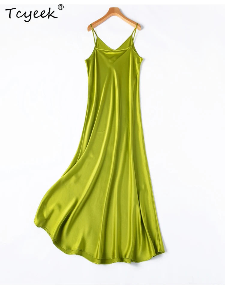 Tcyeek 100% Natural Mulberry Silk Long Dress 21MM Real Silk Summer Dresses for Women 2026 Elegant Dresses Womens Clothing Платье