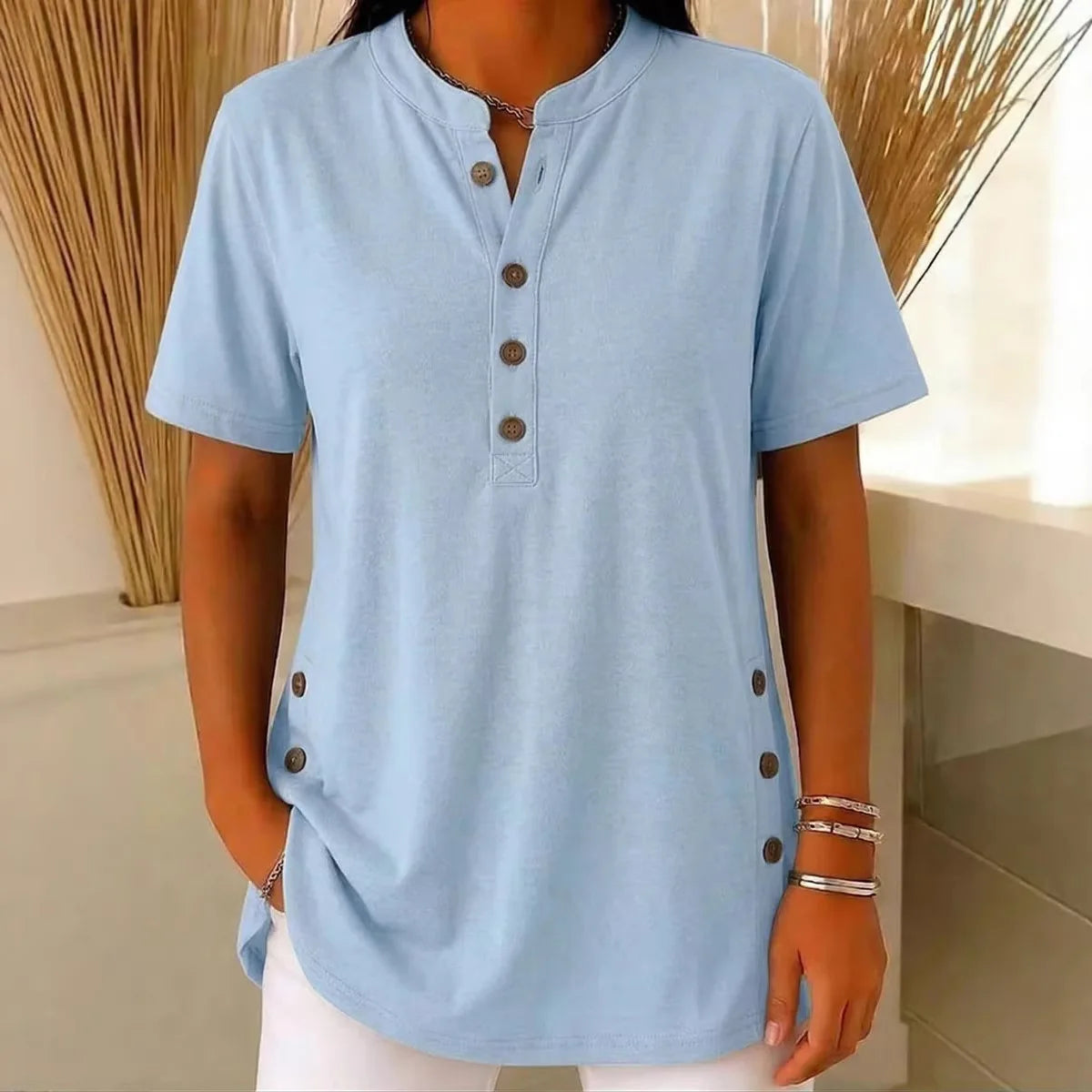Summer Short Sleeve Loose Tops For Women Summer 2026 Fashion Solid Color V-neck Button T-shirts Tees Casual