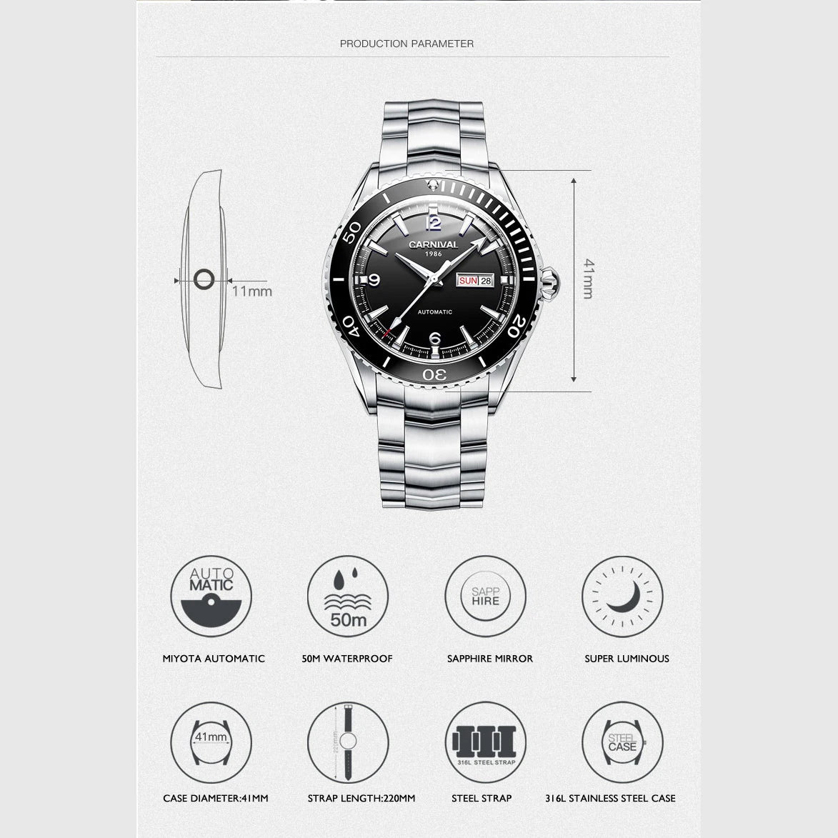 I&W Men Automatic Watch 41mm Mechanical Wristwatch 50M Waterproof Luminous Sapphire Mirror Dual Calendar Week Date