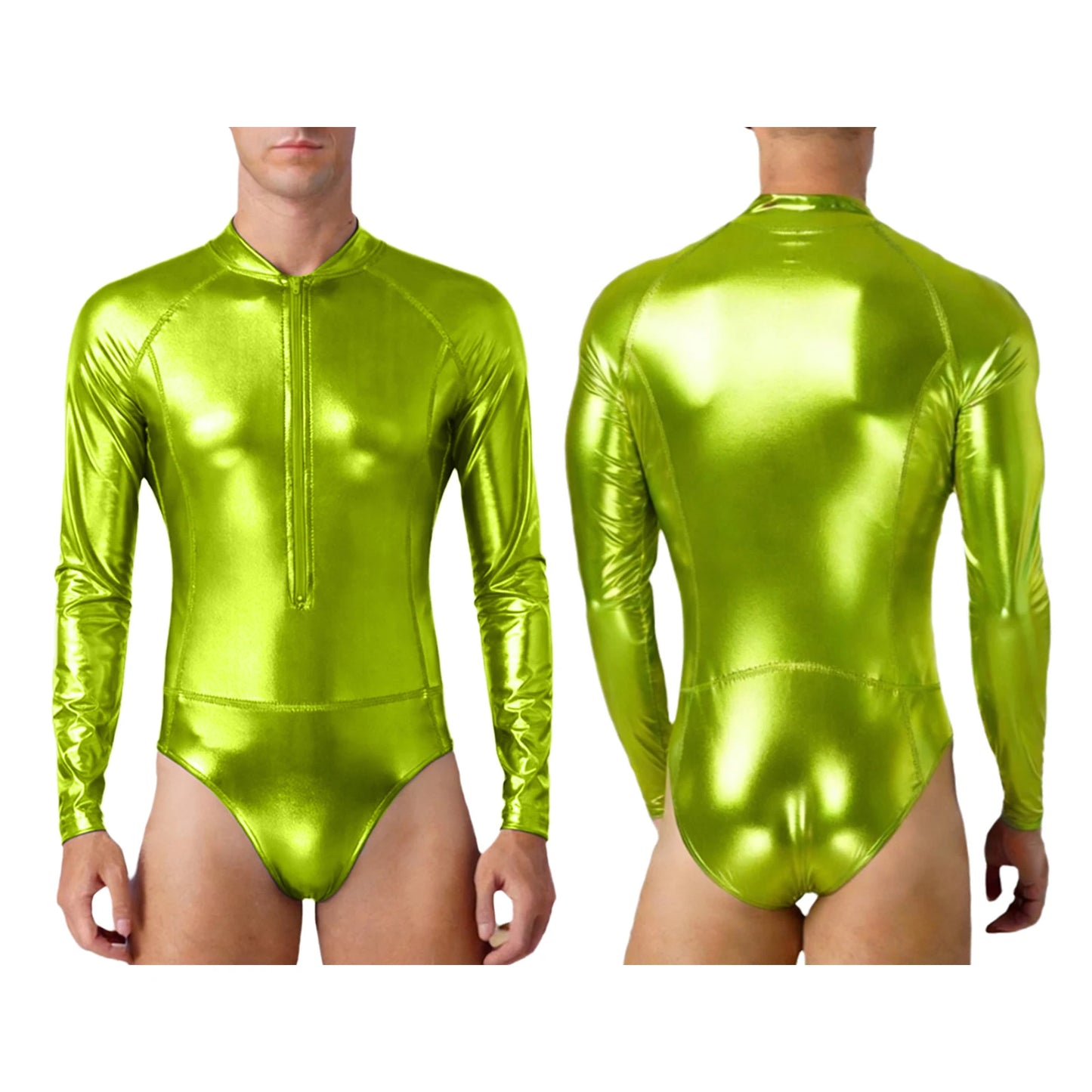 Mens Bathing Suits Swimsuits Metallic Shiny Bodysuit Long Sleeve One-piece for Nightclub Jazz Dance Beach Gymnastics Leotard