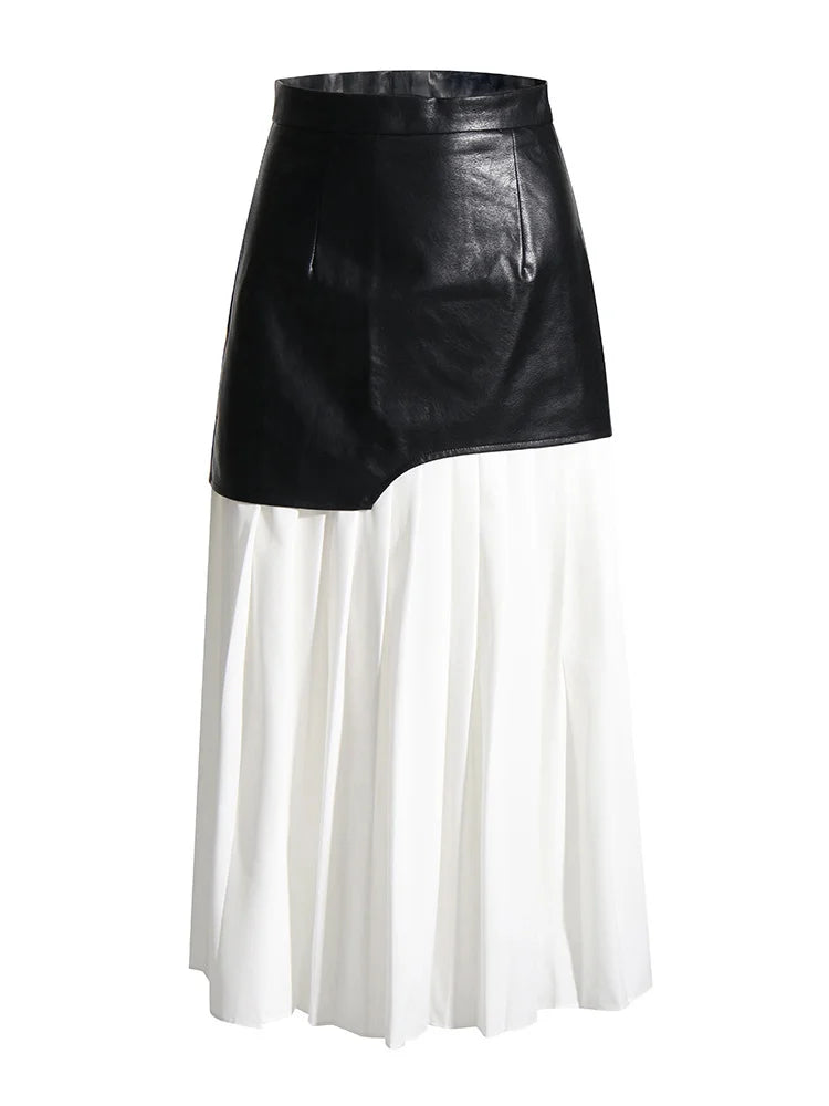 TWOTWINSTYLE Casual Patchwork Pu Skirt For Women High Waist Midi Folds Pleated Skirts Female 2022 Spring Fashion Clothing Style