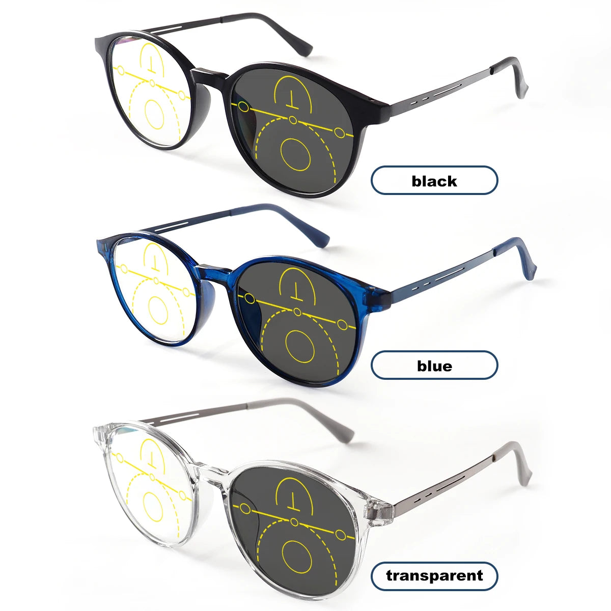 Progressive Multifocal Reading Glasses, Photochromic, Clear Vision, Round Frame, Lightweight to Wear, Stylish Appearance Suitable for Both Men and Women
