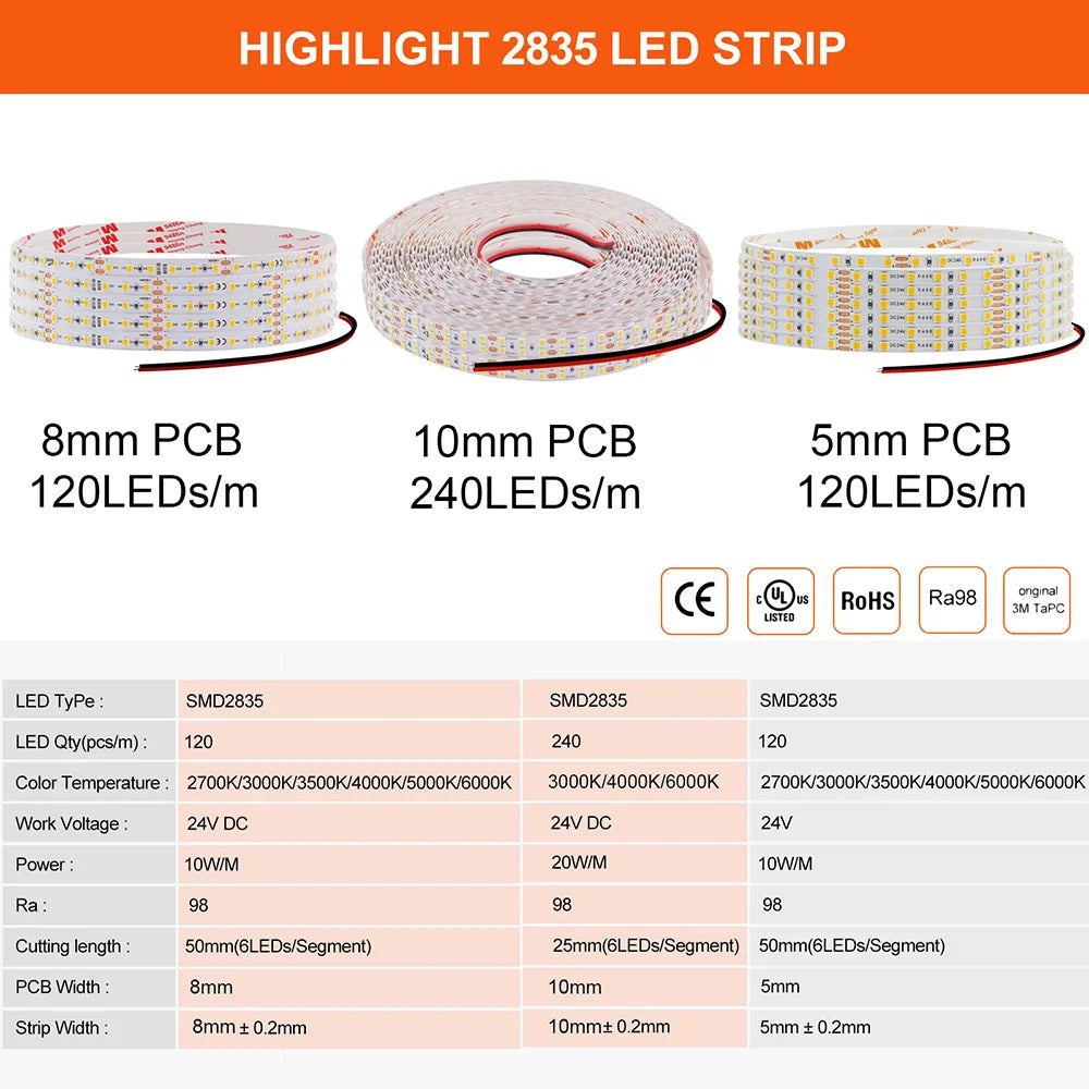 LED Strip Light RA98 5mm 8mm PCB 5m 10m 24V 2835 120 240 LEDs Flexible Adhesive Tape 2700K 3000K 3500K 4000K 5000K 6000K Decor