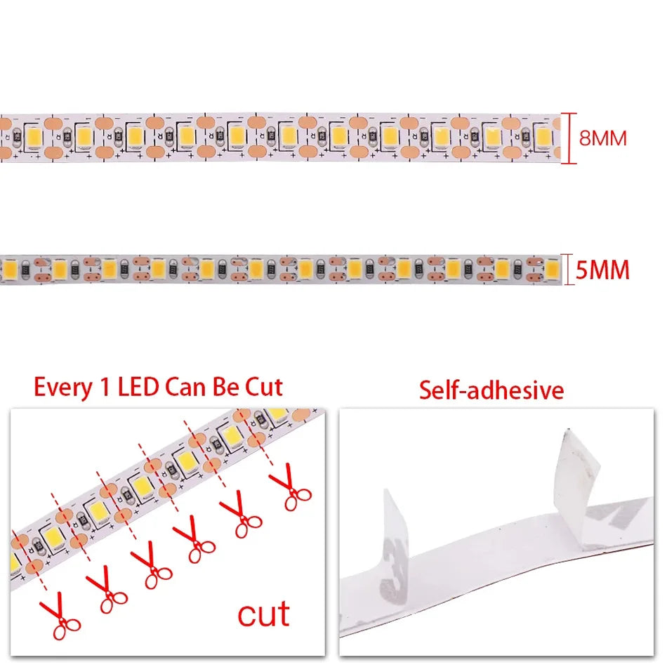 2835 LED Strip light 24V 120LEDs/m 1 LED Cut Super Bright  5mm 8mm PCB Flexible Tape LED Light  White/Natural White 1-10M