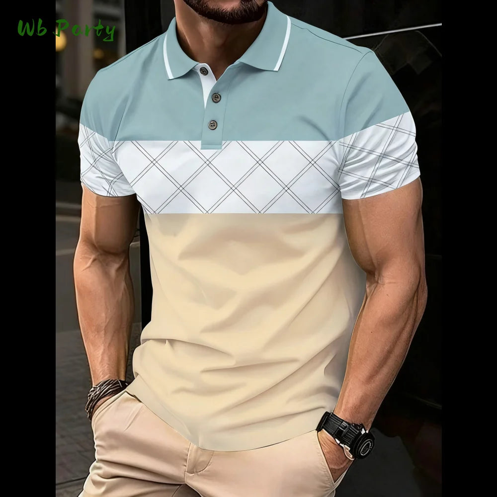 Summer Men's Polo Men's Casual Short Sleeve Polo Shirt Striped Color Block Design Sporty Polo Style Collared Polo Shirts for Man