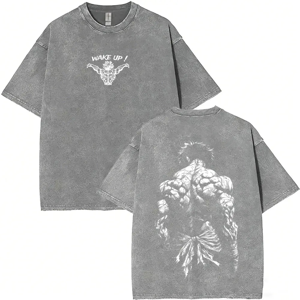 Washed Vintage Anime Baki Hanma Wake Up T-shirt Men Women Retro Manga Oversized T-shirts Men's Casual Cotton T Shirts Streetwear