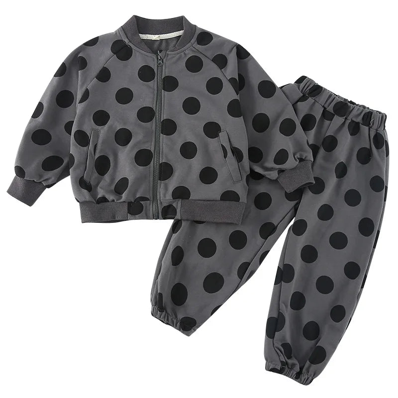 2025 Autumn New Children Long Sleeve Clothes Set Boys Girls Zipper Coat + Sweat Pants 2pcs Suit Kids Casual Polka Dot Outfits