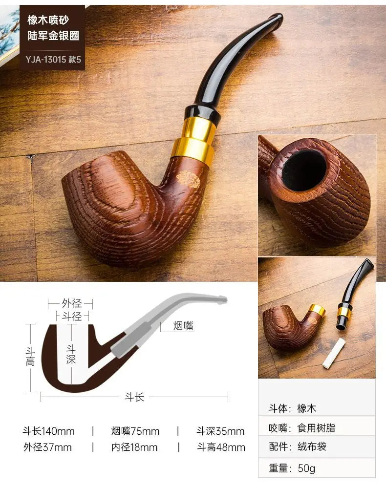 Oak Wood Sandblasted Tobacco Pipe with Gold Silver Band 9mm Filter Straight Bent Smoking Pipe for Men Gift Accessories