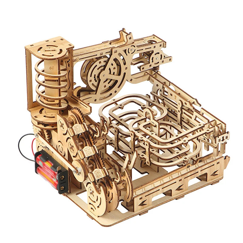 1Set Marble Run Kit 3D Wooden Spiral Plank Road Puzzles Electric Catapult Track Device Mechanical Model Assembly Gift For Kids