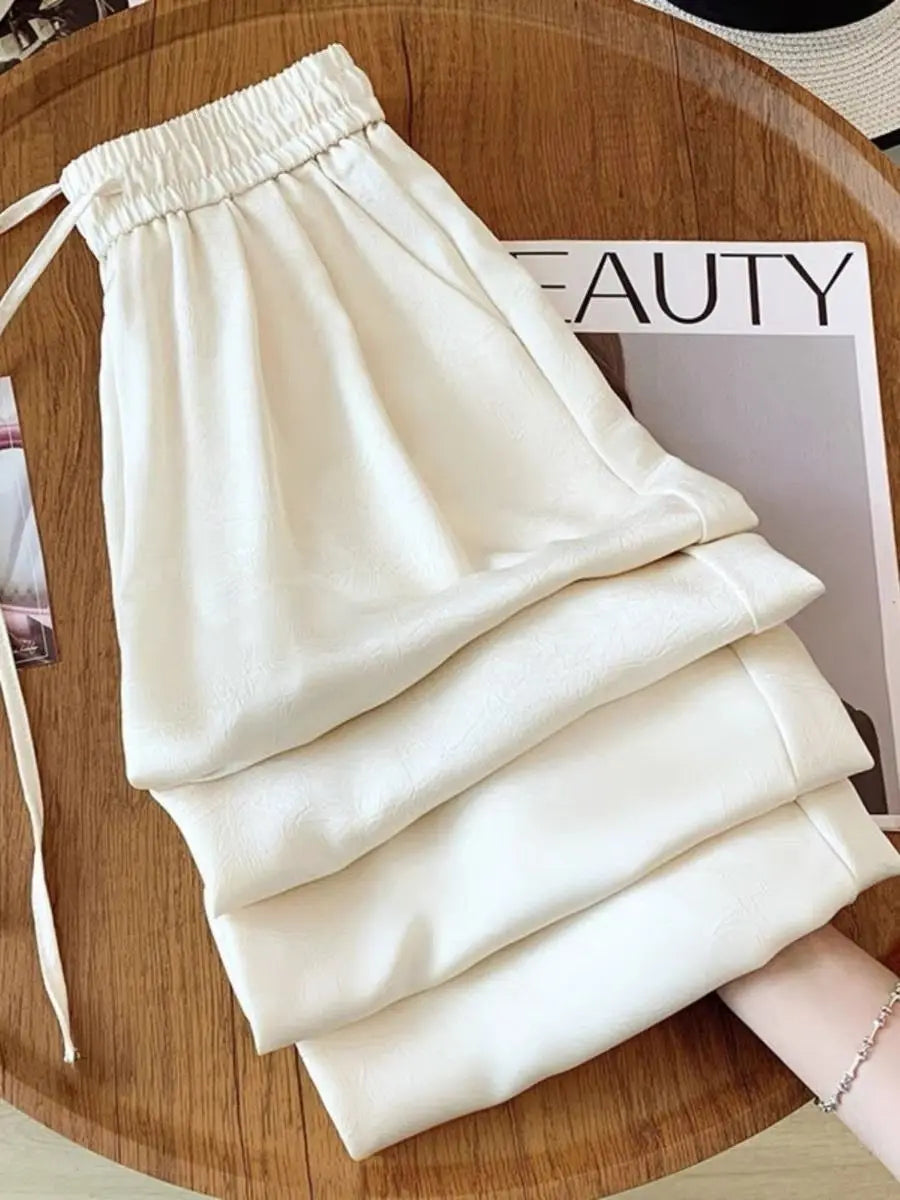 plus Size Satin Ice Silk Wide Leg Pants Women's Summer Thin Cool Casual Straight Leg Trousers Comfortable Loose Fit Long Pants