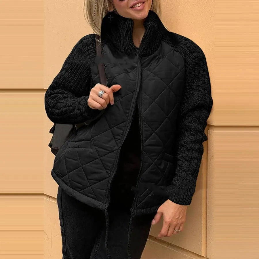 Winter Women Jackets Solid Stand Collar Neck Parkas Patchwork Drawstring Hem Zipper Closure Cotton Jacket Warm Cardigan Coats