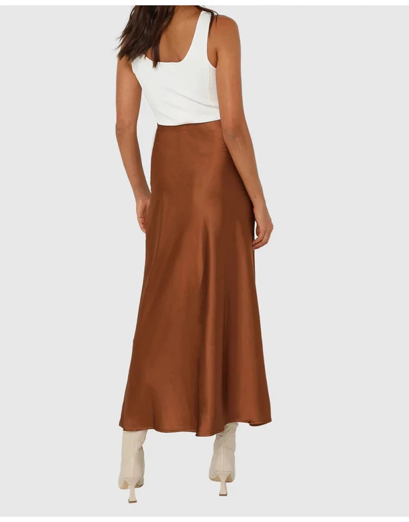 Summer Satin Skirts For Woman Office Maxi A Line Black Silk Skirts With Slit Lady High Waist Women Patchwork Skirt Long Elegant