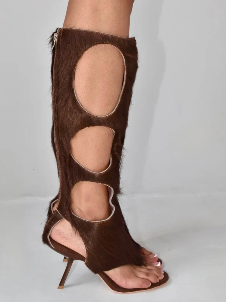 2025Women's SummerLeather Stiletto High Heels Hollow Knee Cool Boots European and American Horse Hair Fashion Show Shoes