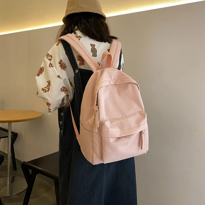 Simple Solid Color Backpack Women 2022 Waterproof Nylon School Bags For Teenager Girls Bookbag Lady Travel Backbag Shoulder Bag