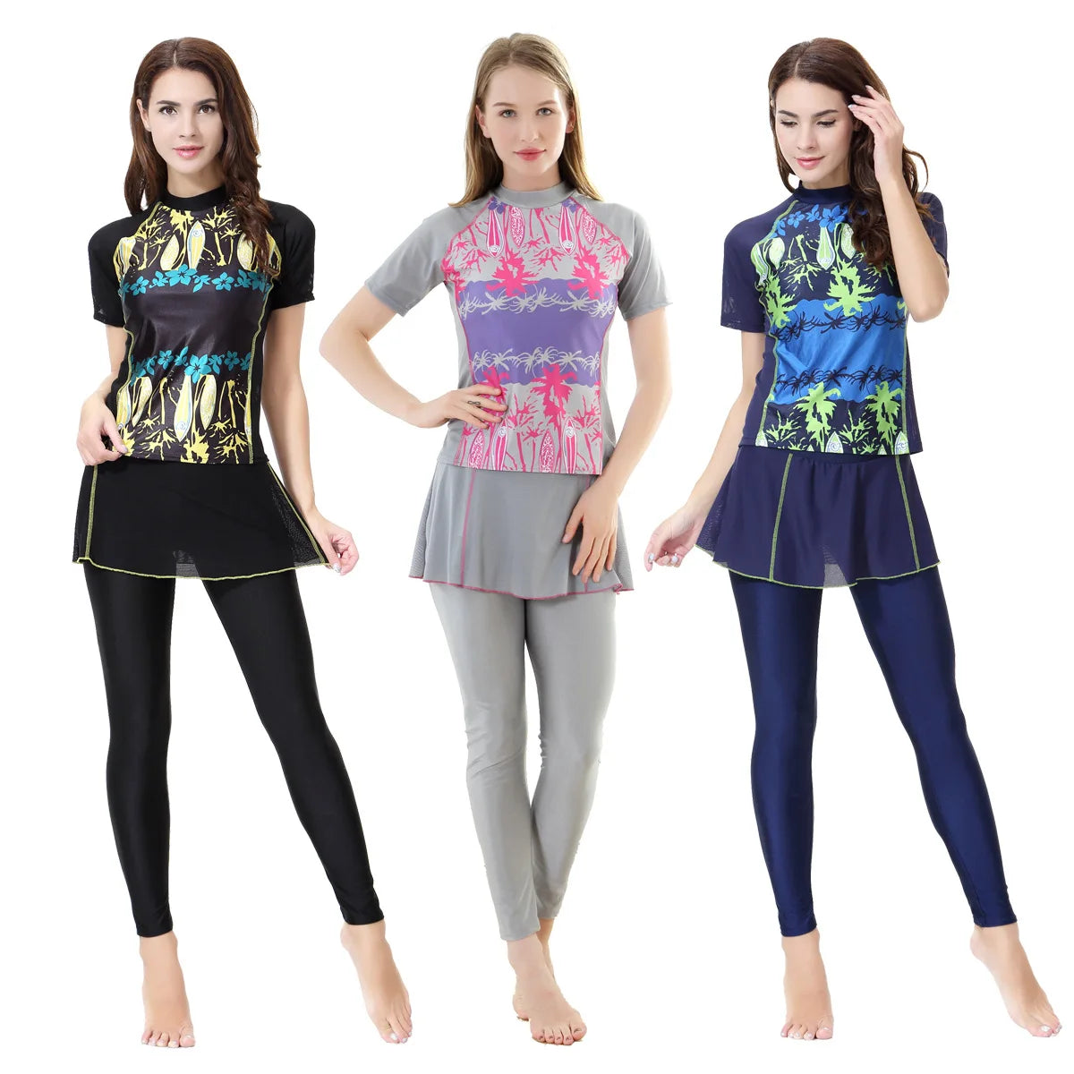 Elegant Islamic Women Swimsuits Long Sleeved Bodysuits+skirt+hat 3pcs Bathing Swimming Suit Muslim Sexy Girls Beachwear S-xxxl