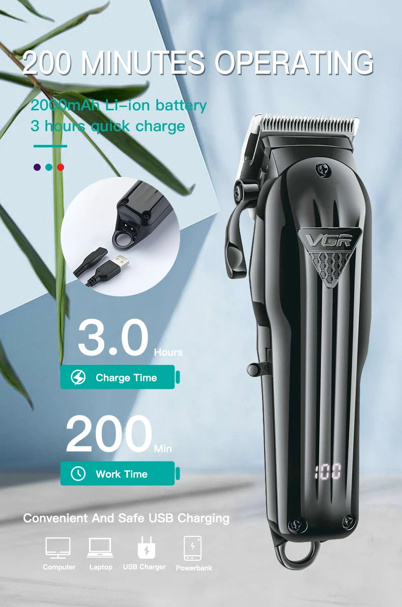 VGR Trimmer Professional Hair Trimmer for Men Clipper Beard Trimmer Hair Cutting Machine Cordless LED Display Rechargeable V-282