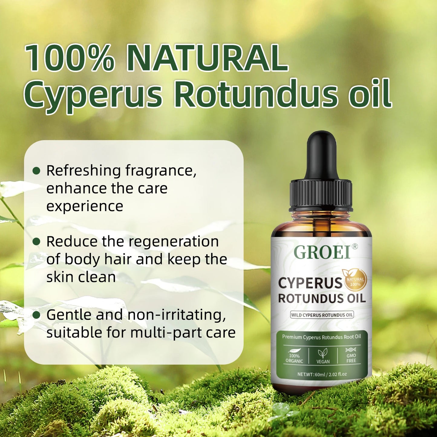 60ml Natural Organic Cyperus Rotundus Oil for Hair Growth Reduction, Post-Shave Care, Vegan & Non-Irritating Skin Moisturizer