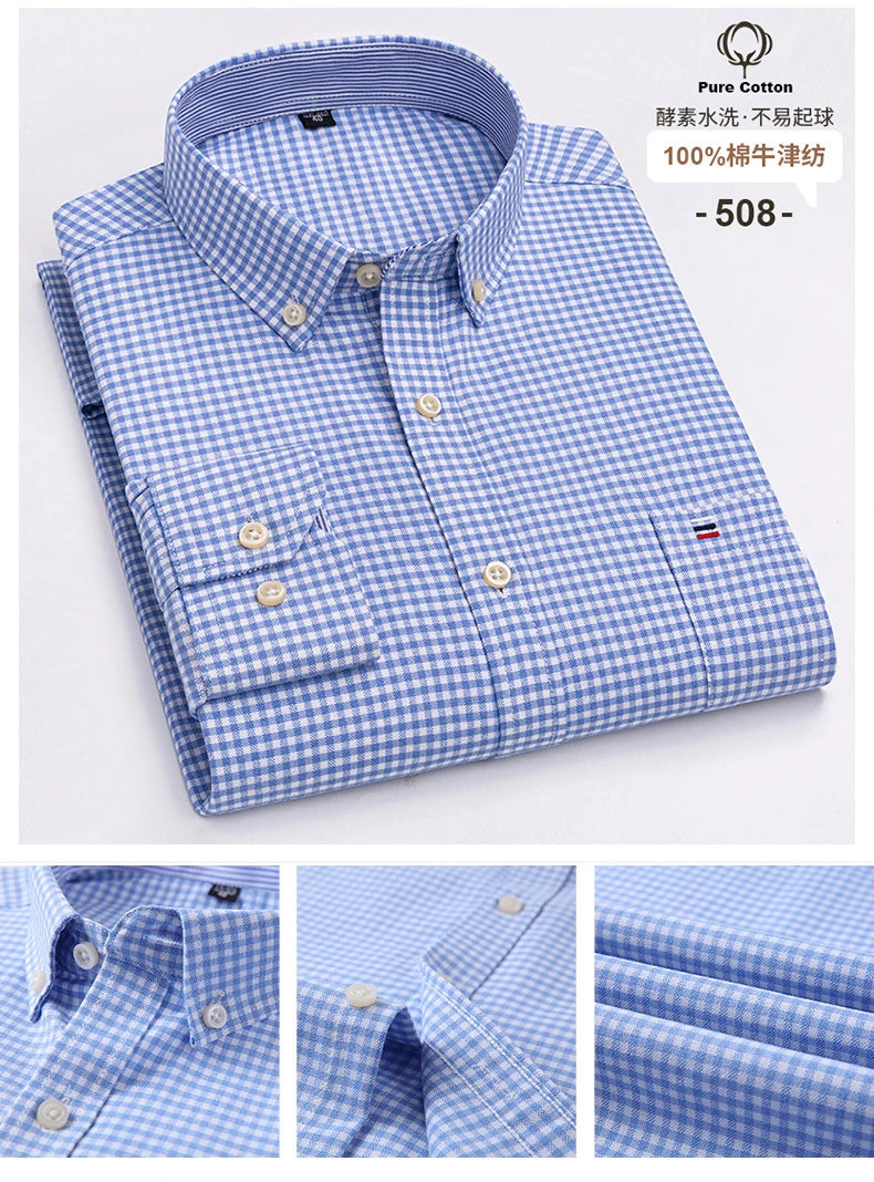 S-6XL Casual Pure Cotton Oxford Mens Shirts Long Sleeve Embroidery Horse Design Regular Fit Fashion Button Man White Dress Shirt