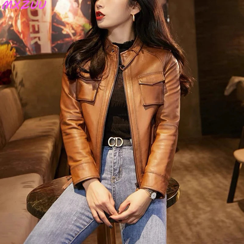 Autumn Clothes Women Genuine Sheepskin Short Locomotive Jaqueta Feminina Stand Collar Slim Vintage Versatile Brown Leather Coat
